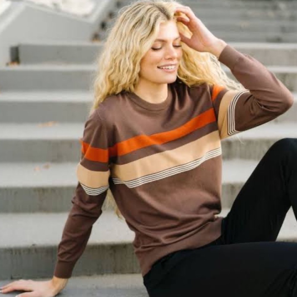 Zyia Active Retro Striped Sweater XL Brown Orange Tan White Crew Neck Athleisure
